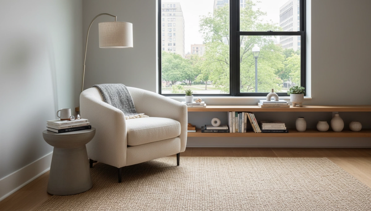 cozy reading chair nook with lighting and decor